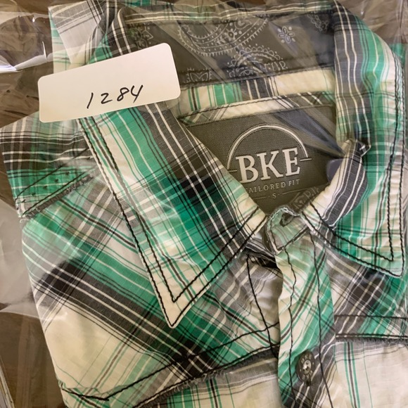 BKE Tailored Fit Mens Small Green Plaid Western Button Down Shirt Long Sleeve - Picture 10 of 10